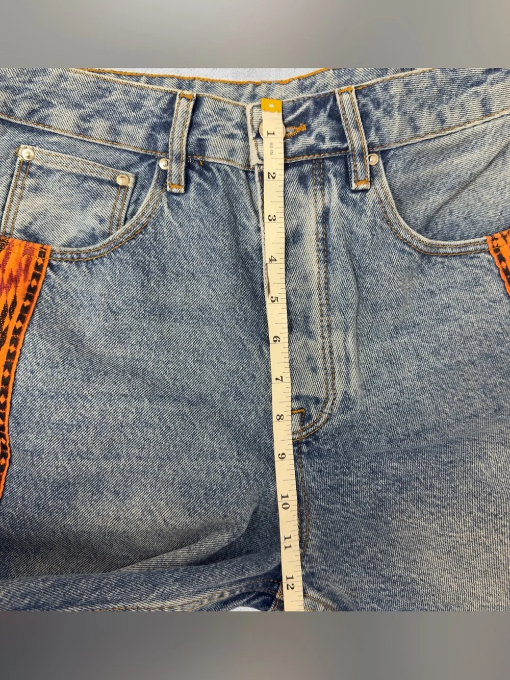ASOS Denim Long Baggy Shorts Orange Embroidered Trim Y2K Waist 30